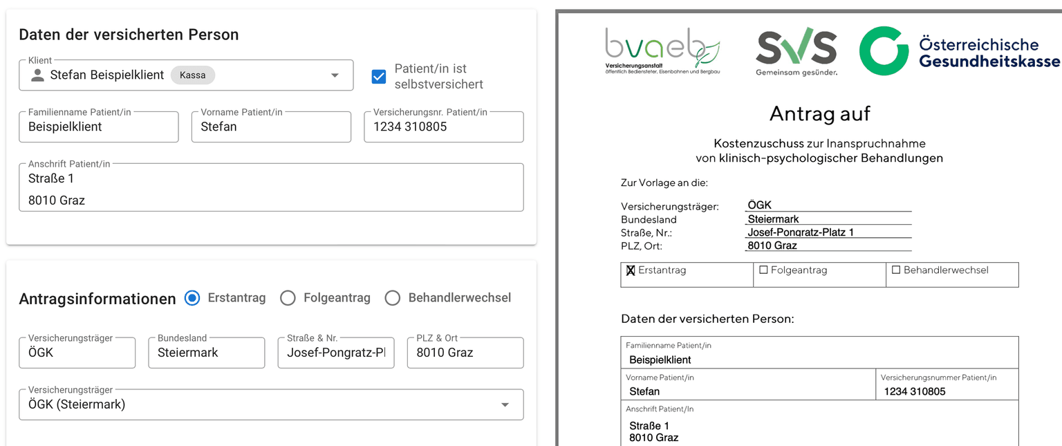 Antragsformular in ZEIPSY: links die Eingabemaske mit Klientendaten und Versicherungsträger, rechts das fertig ausgefüllte Antrags-PDF für ÖGK, SVS und BVAEB