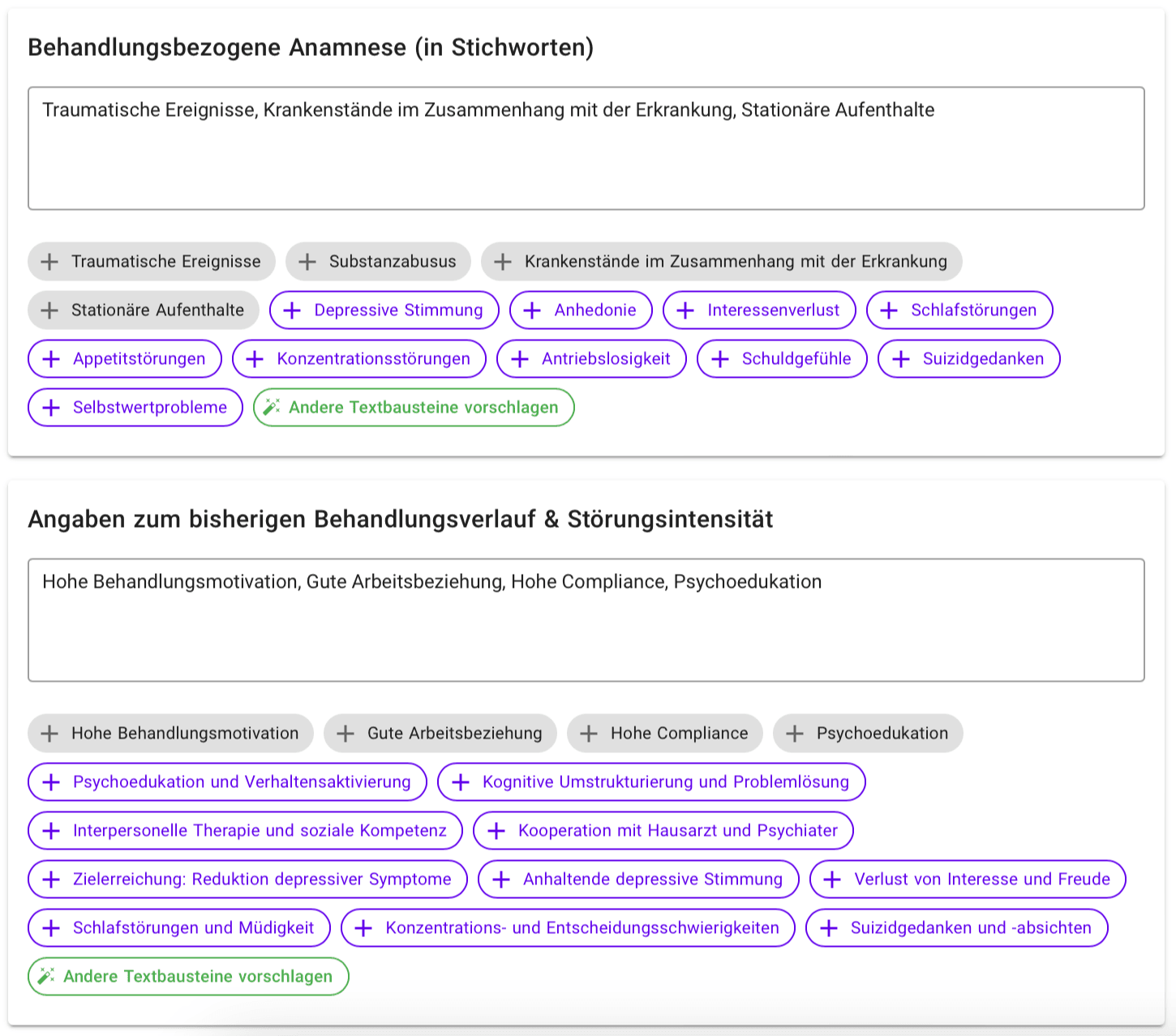 Textbausteine für Anamnese und Behandlungsverlauf: vorgeschlagene Formulierungen lassen sich mit einem Klick in den Antrag übernehmen