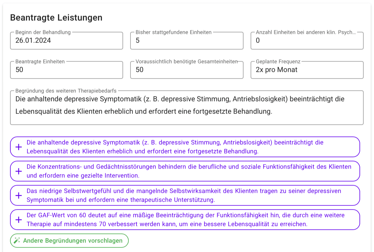 Beantragte Leistungen im Antragsformular mit vorgeschlagenen Begründungen für den weiteren Therapiebedarf