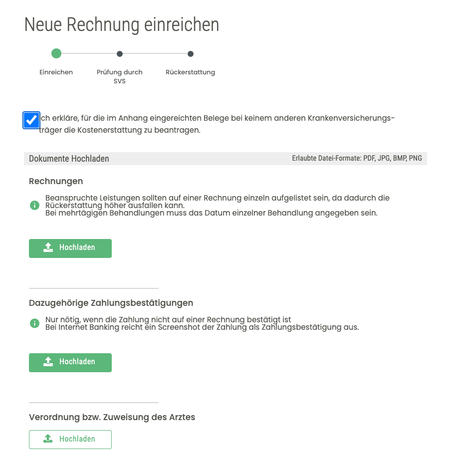 Eingabemaske der SVS für das Hochladen von Rechnung, Zahlungsbestätigung und ärztlicher Bestätigung