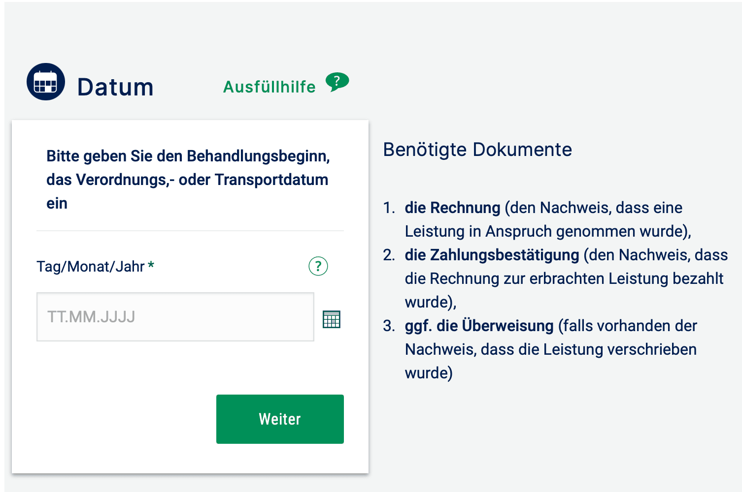 Online-Formular der ÖGK zum Einreichen einer Rechnung: Eingabe des Behandlungsbeginns und Liste der benötigten Dokumente